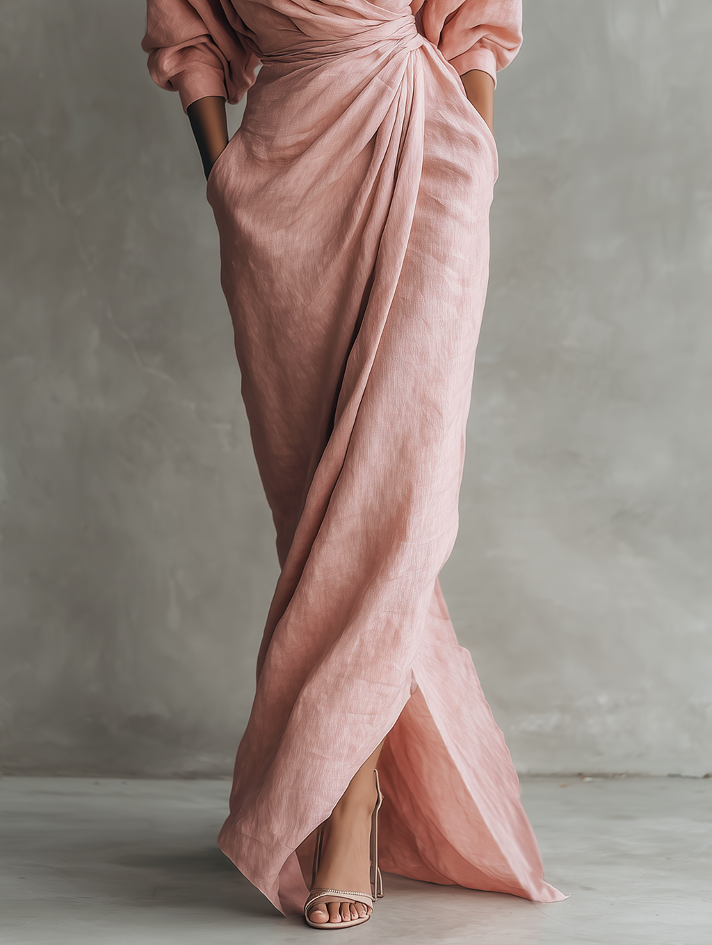 ✨ Vestido largo drapeado rosa empolvado