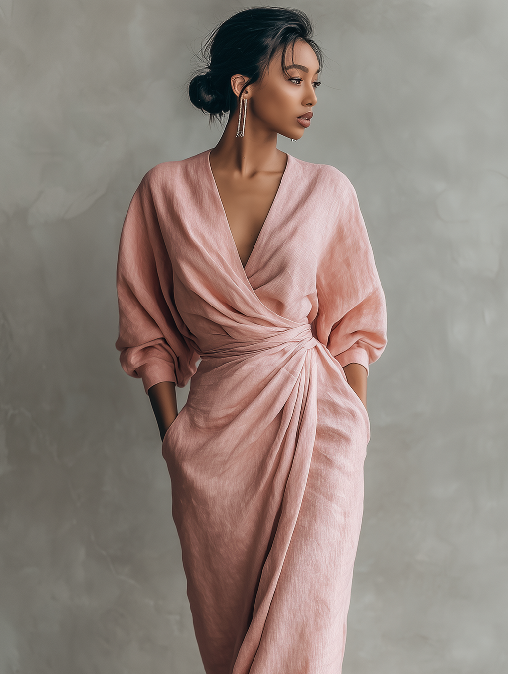 ✨ Vestido largo drapeado rosa empolvado