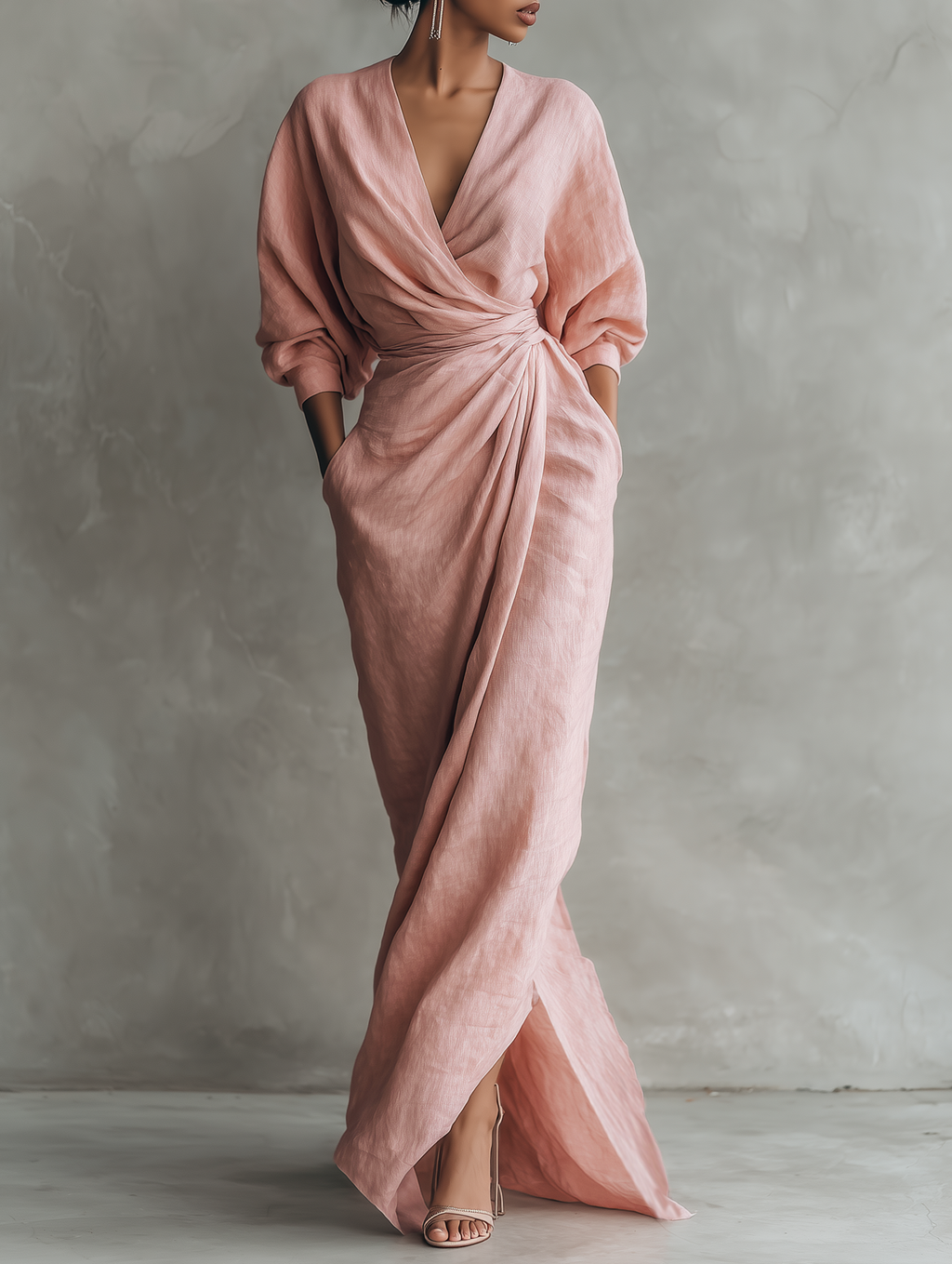✨ Vestido largo drapeado rosa empolvado