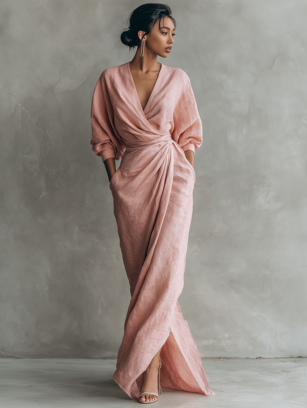 ✨ Vestido largo drapeado rosa empolvado
