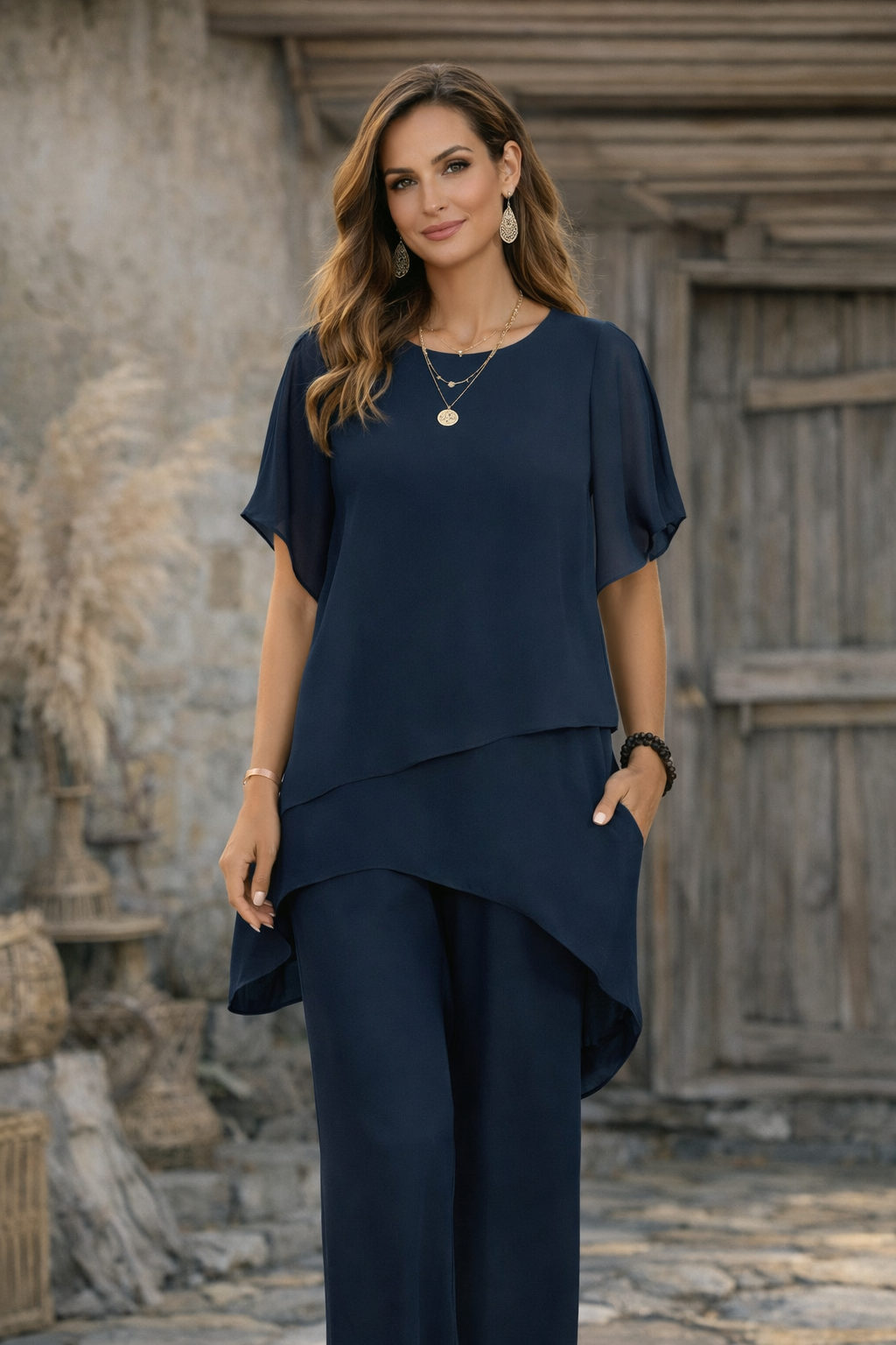 Conjunto Moderno de Top Asimétrico y Pantalón Fluido