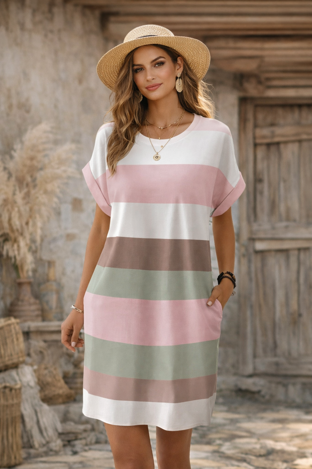 Vestido casual a rayas tipo camiseta – manga corta y bolsillos