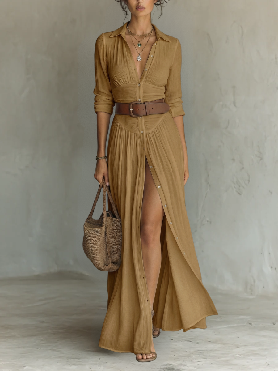 Vestido Maxi Largo para Mujer con Cuello de Solapa y Manga Larga