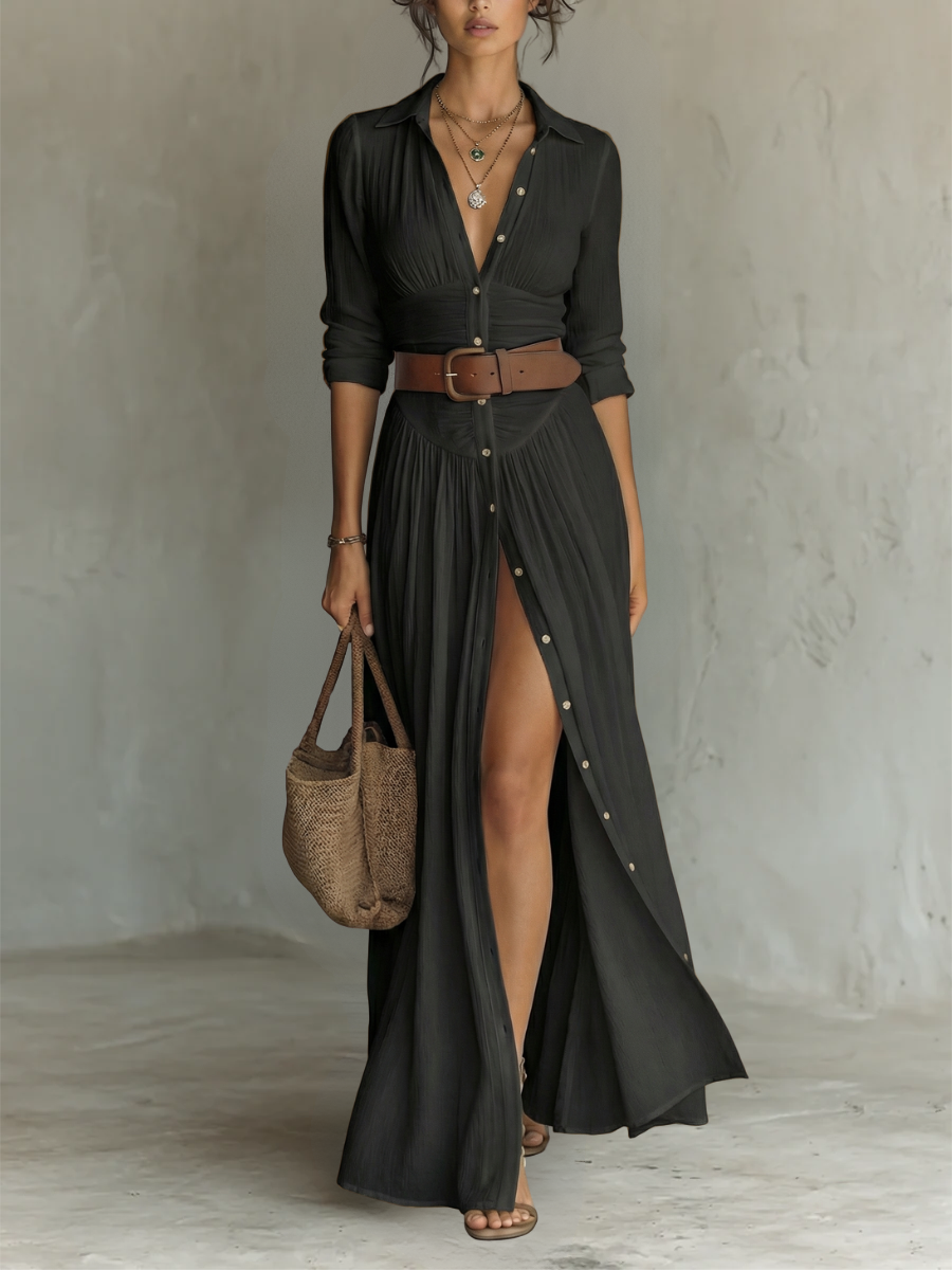 Vestido Maxi Largo para Mujer con Cuello de Solapa y Manga Larga