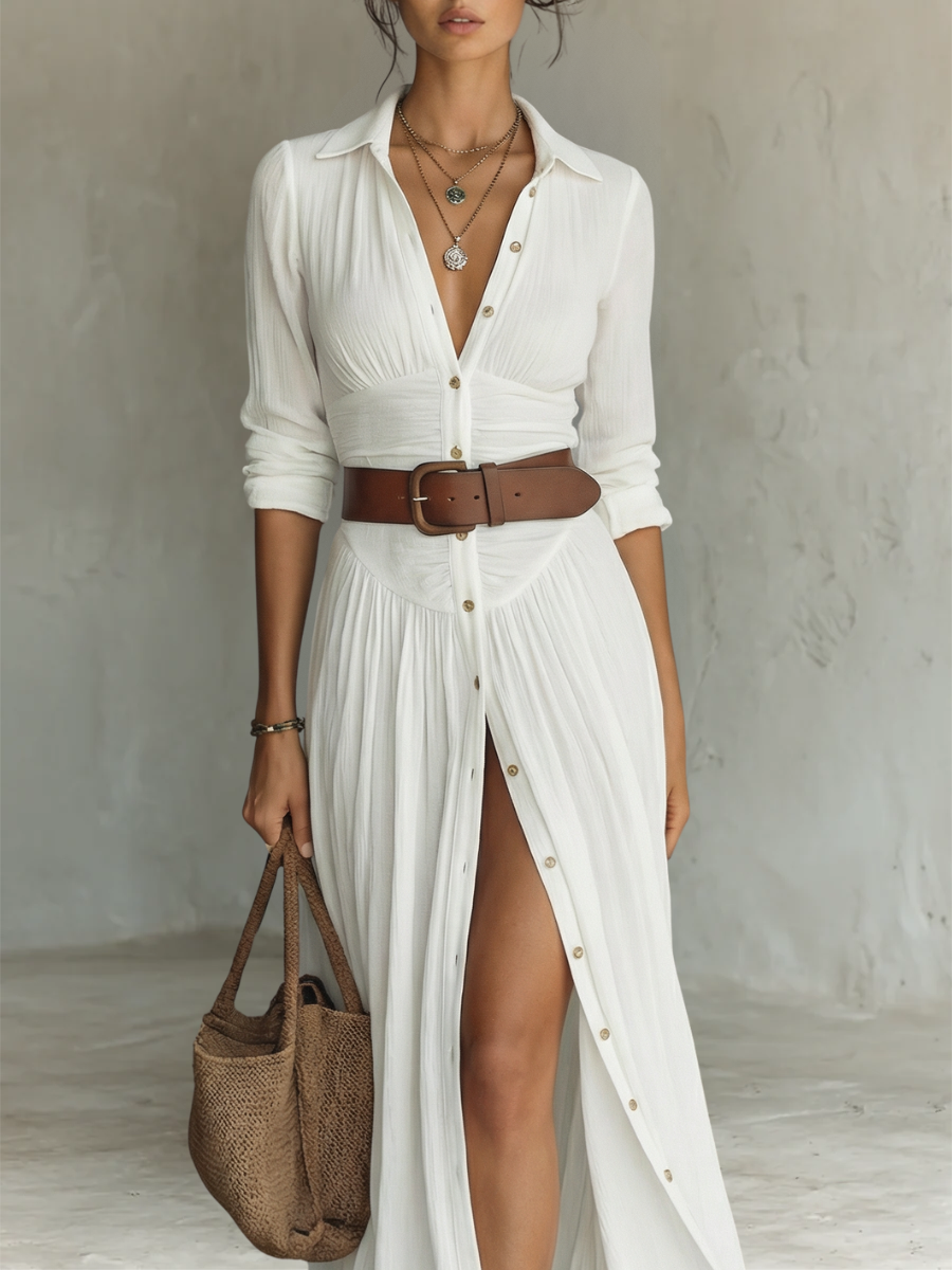 Vestido Maxi Largo para Mujer con Cuello de Solapa y Manga Larga