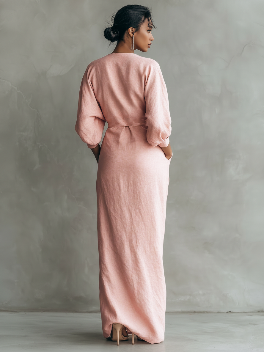 ✨ Vestido largo drapeado rosa empolvado