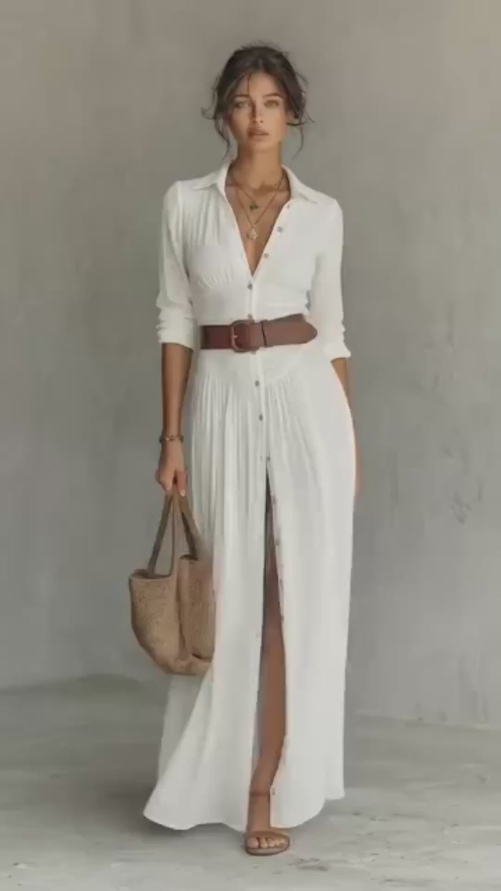 Vestido Maxi Largo para Mujer con Cuello de Solapa y Manga Larga