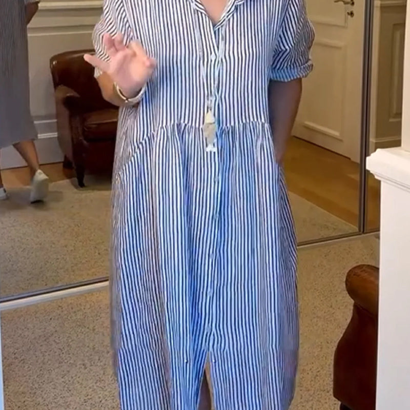 Vestido a rayas con cuello en V, elegante para el trabajo y el día a día
