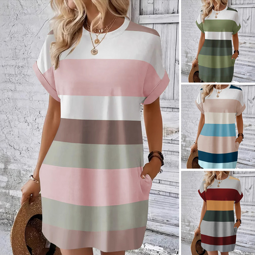Vestido casual a rayas tipo camiseta – manga corta y bolsillos