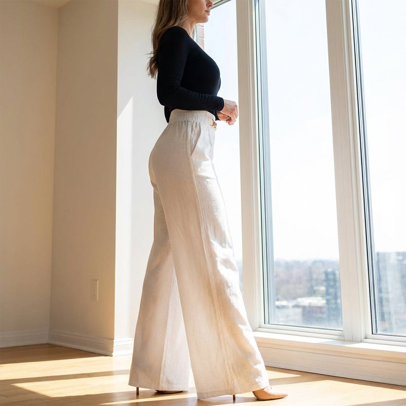 Pantalones de mujer de cintura alta, pierna ancha, detalle de cinturón y look versátil ✨