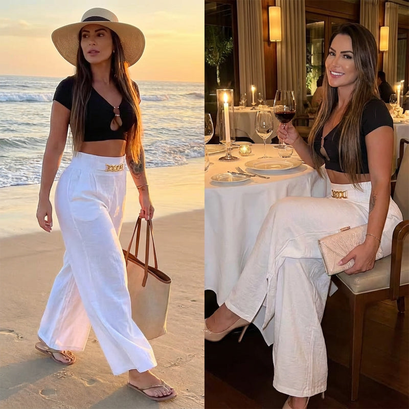 Pantalones de mujer de cintura alta, pierna ancha, detalle de cinturón y look versátil ✨